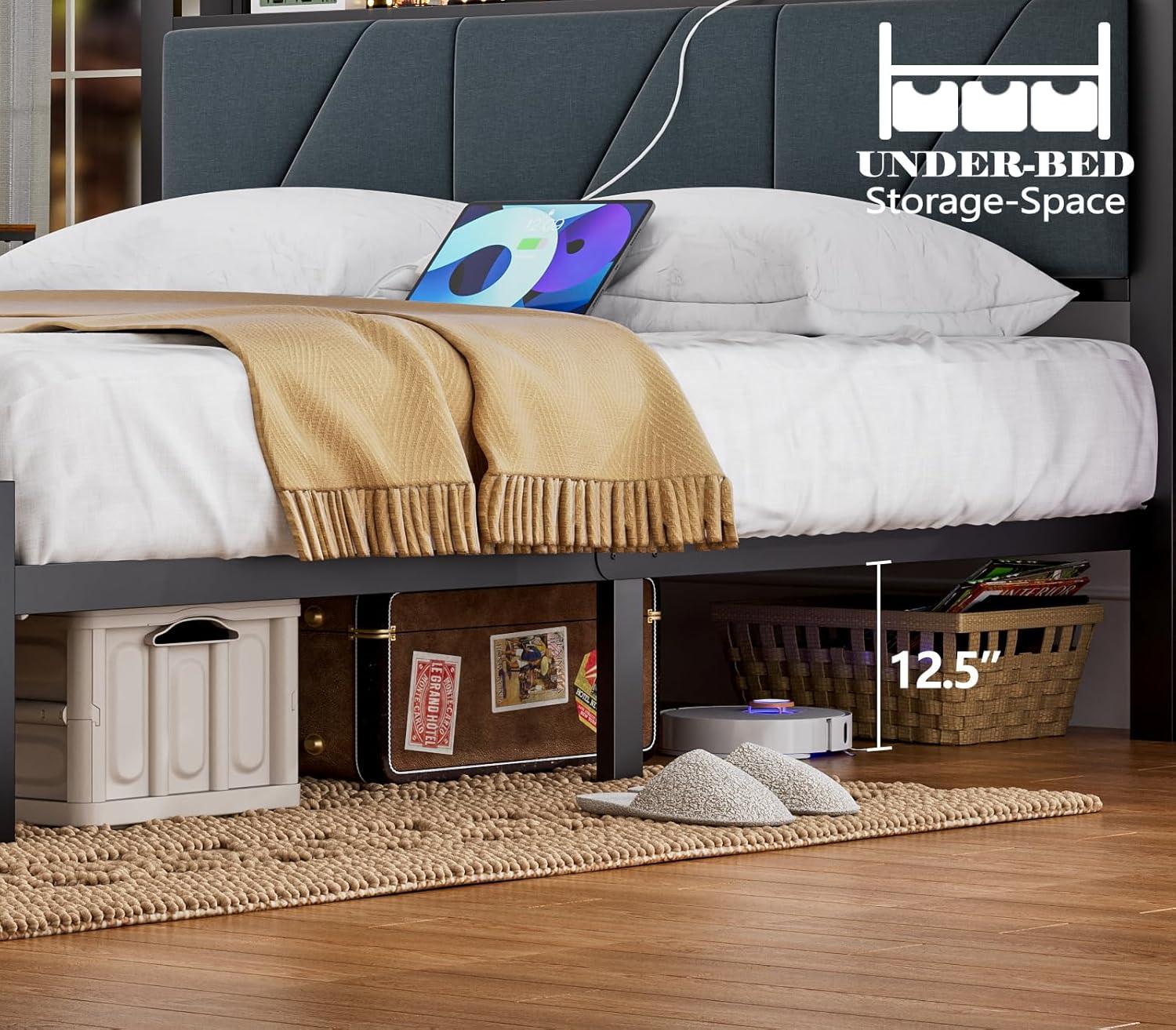 imageFurnulem King Bed Frame with Headboard and LED Light Upholstered Platform with Power Outlet and USB Port King Size Bed with Metal Support and FootboardNo Box Spring Needed Noise FreeFull