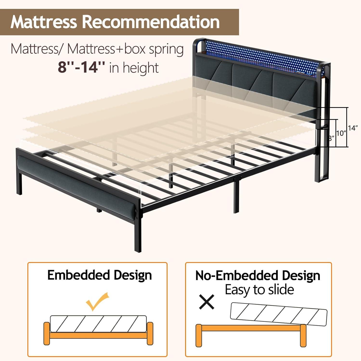 imageFurnulem King Bed Frame with Headboard and LED Light Upholstered Platform with Power Outlet and USB Port King Size Bed with Metal Support and FootboardNo Box Spring Needed Noise FreeFull