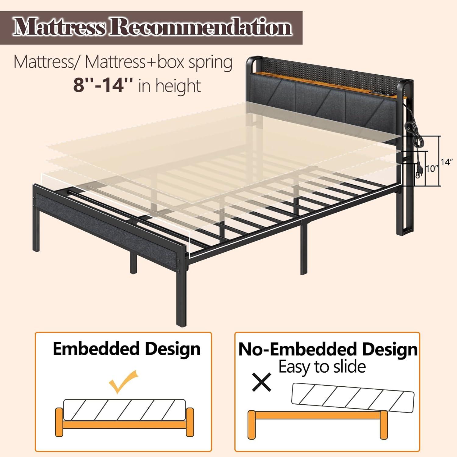 imageFurnulem King Bed Frame with Headboard and LED Light Upholstered Platform with Power Outlet and USB Port King Size Bed with Metal Support and FootboardNo Box Spring Needed Noise FreeQueen
