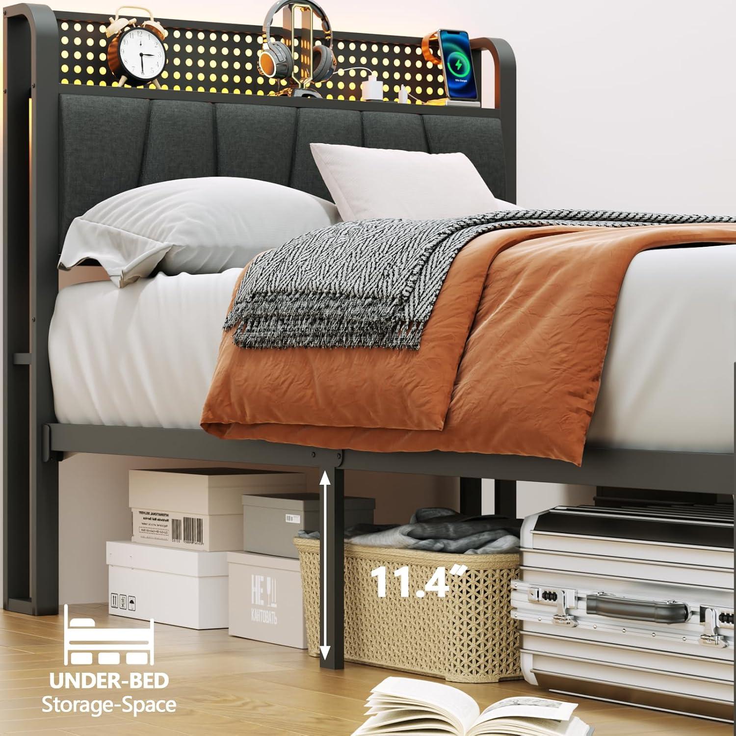 imageFurnulem King Bed Frame with Headboard and LED Light Upholstered Platform with Power Outlet and USB Port King Size Bed with Metal Support and FootboardNo Box Spring Needed Noise FreeTwin