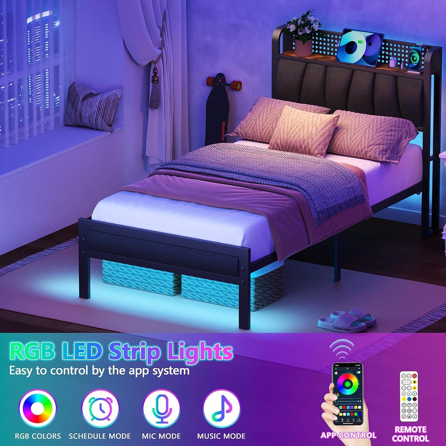 imageFurnulem King Bed Frame with Headboard and LED Light Upholstered Platform with Power Outlet and USB Port King Size Bed with Metal Support and FootboardNo Box Spring Needed Noise FreeTwin