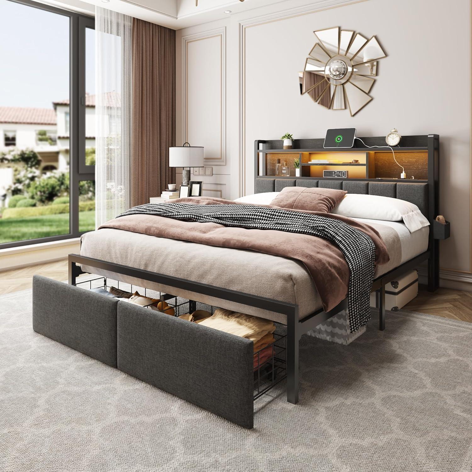 imageFurnulem Queen Bed Frame with Storage Drawers Upholstered Headboard with LED Light ampamp Charging Station Metal Platform Bed Frame Queen Size Noise Free No Box Spring Needed Black 1200 lbs CapacityFull