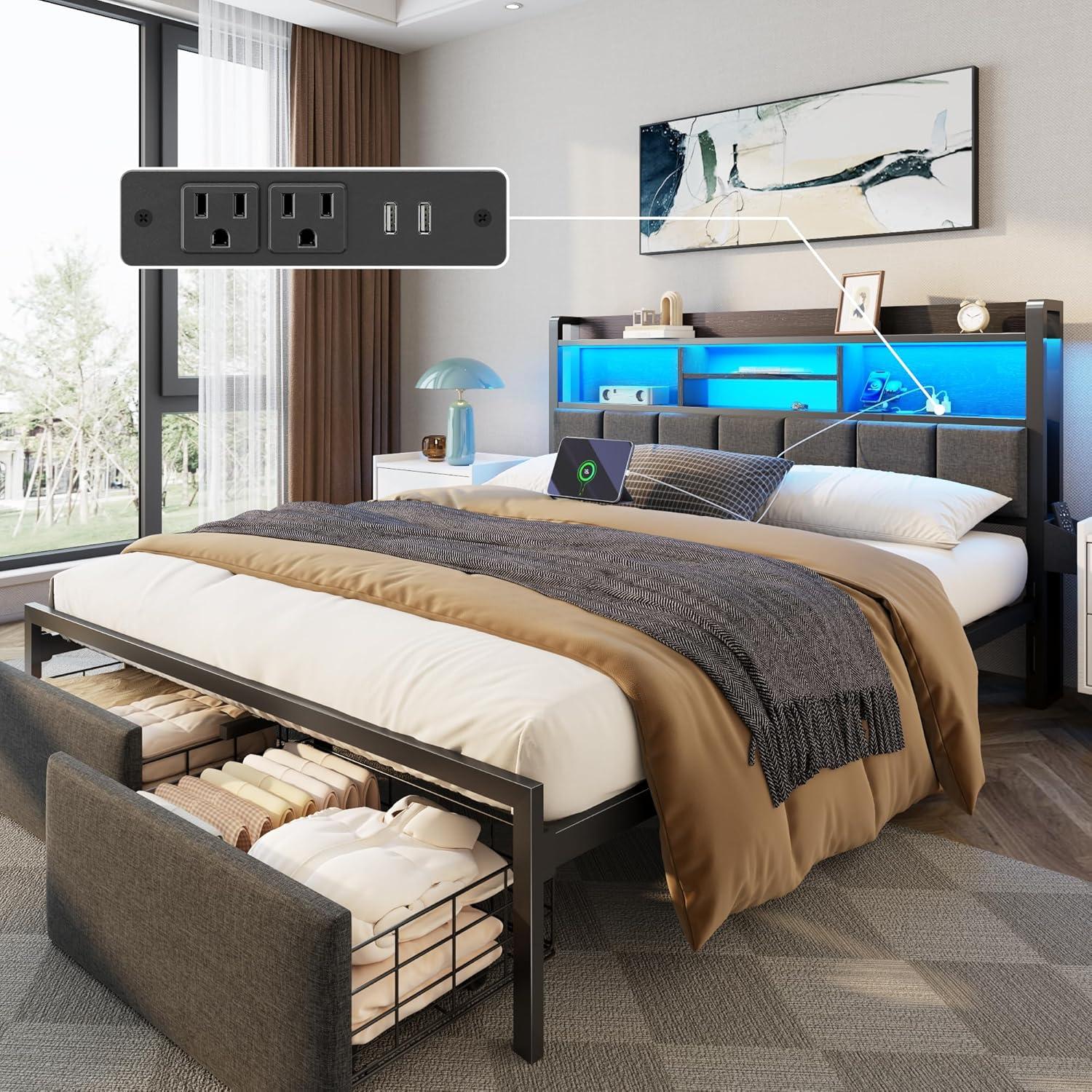 imageFurnulem Queen Bed Frame with Storage Drawers Upholstered Headboard with LED Light ampamp Charging Station Metal Platform Bed Frame Queen Size Noise Free No Box Spring Needed Black 1200 lbs CapacityQueen