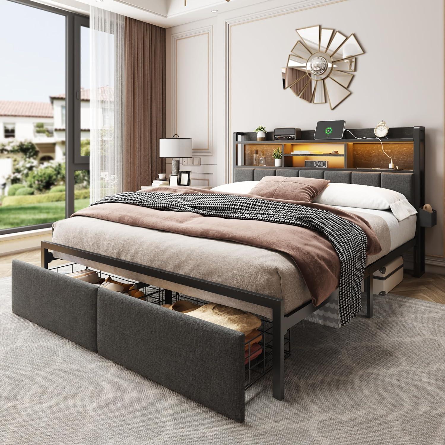 imageFurnulem Queen Bed Frame with Storage Drawers Upholstered Headboard with LED Light ampamp Charging Station Metal Platform Bed Frame Queen Size Noise Free No Box Spring Needed Black 1200 lbs CapacityQueen