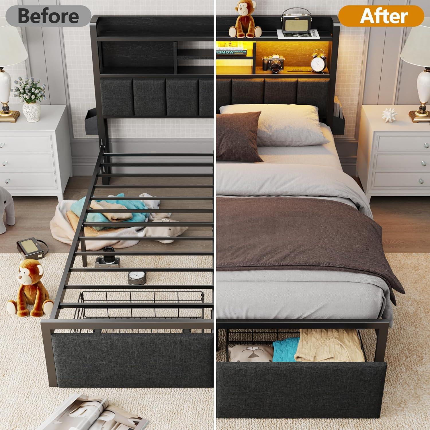 imageFurnulem Queen Bed Frame with Storage Drawers Upholstered Headboard with LED Light ampamp Charging Station Metal Platform Bed Frame Queen Size Noise Free No Box Spring Needed Black 1200 lbs CapacityQueen