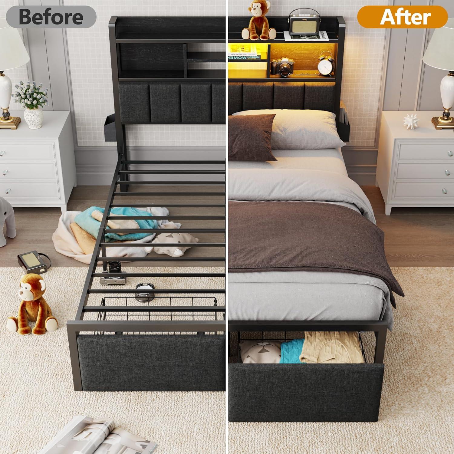 imageFurnulem Queen Bed Frame with Storage Drawers Upholstered Headboard with LED Light ampamp Charging Station Metal Platform Bed Frame Queen Size Noise Free No Box Spring Needed Black 1200 lbs CapacityFull