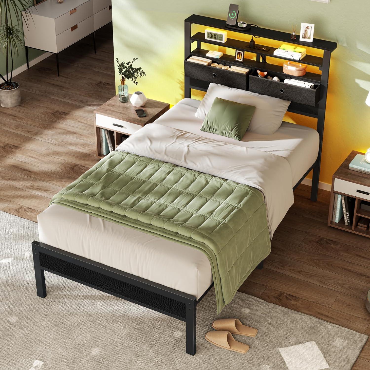 imageFurnulem Twin Bed Frames with Charging Station and LED Lights Wood Headboard with 2 Fabric Drawers and Storage Shelves Twin Size Platform Bed with Metal Slats No Box Spring Needed Black OakTwin