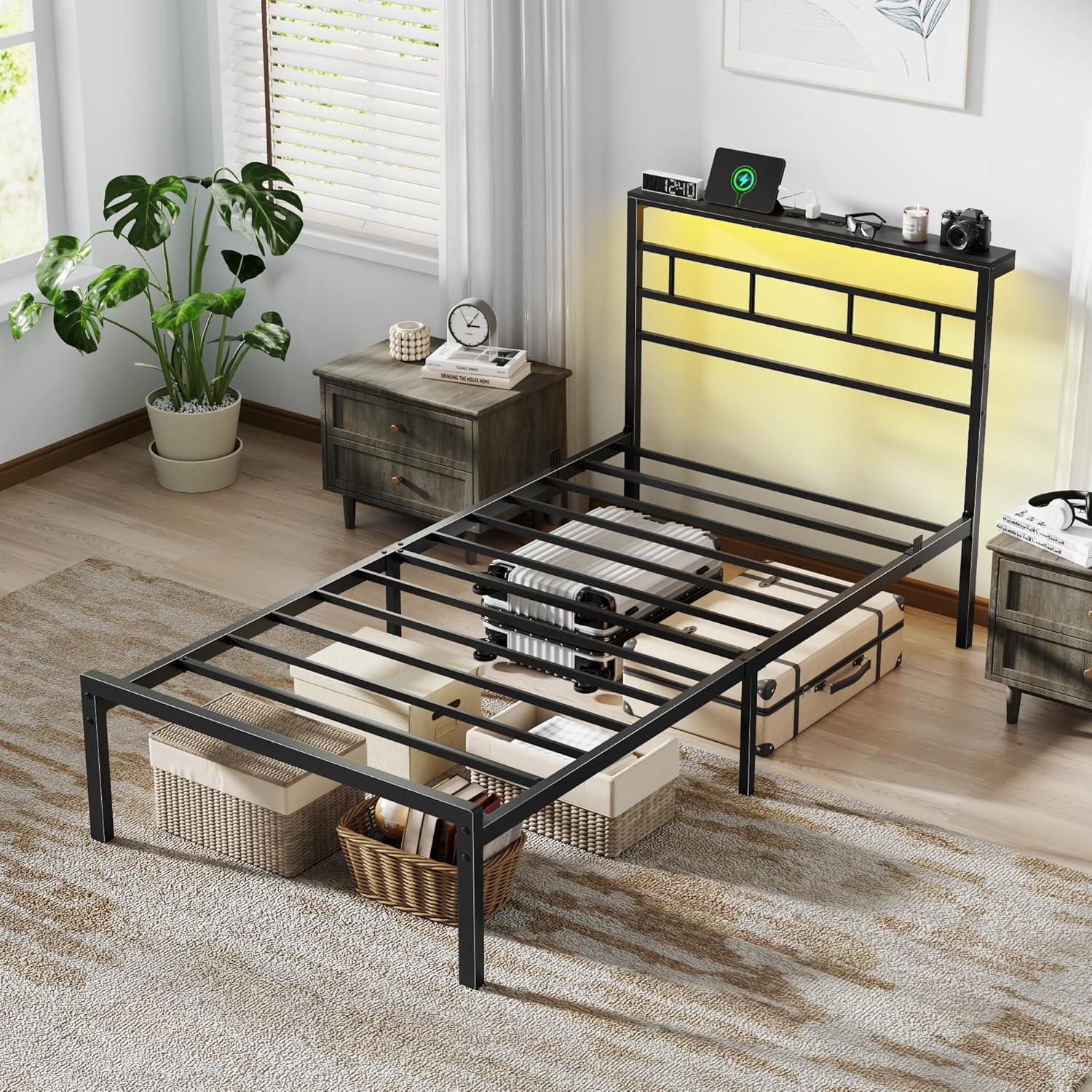 imageFurnulem Twin Bed Frames with Charging Station and LED Lights Wood Headboard with 2 Fabric Drawers and Storage Shelves Twin Size Platform Bed with Metal Slats No Box Spring Needed Black OakTwin