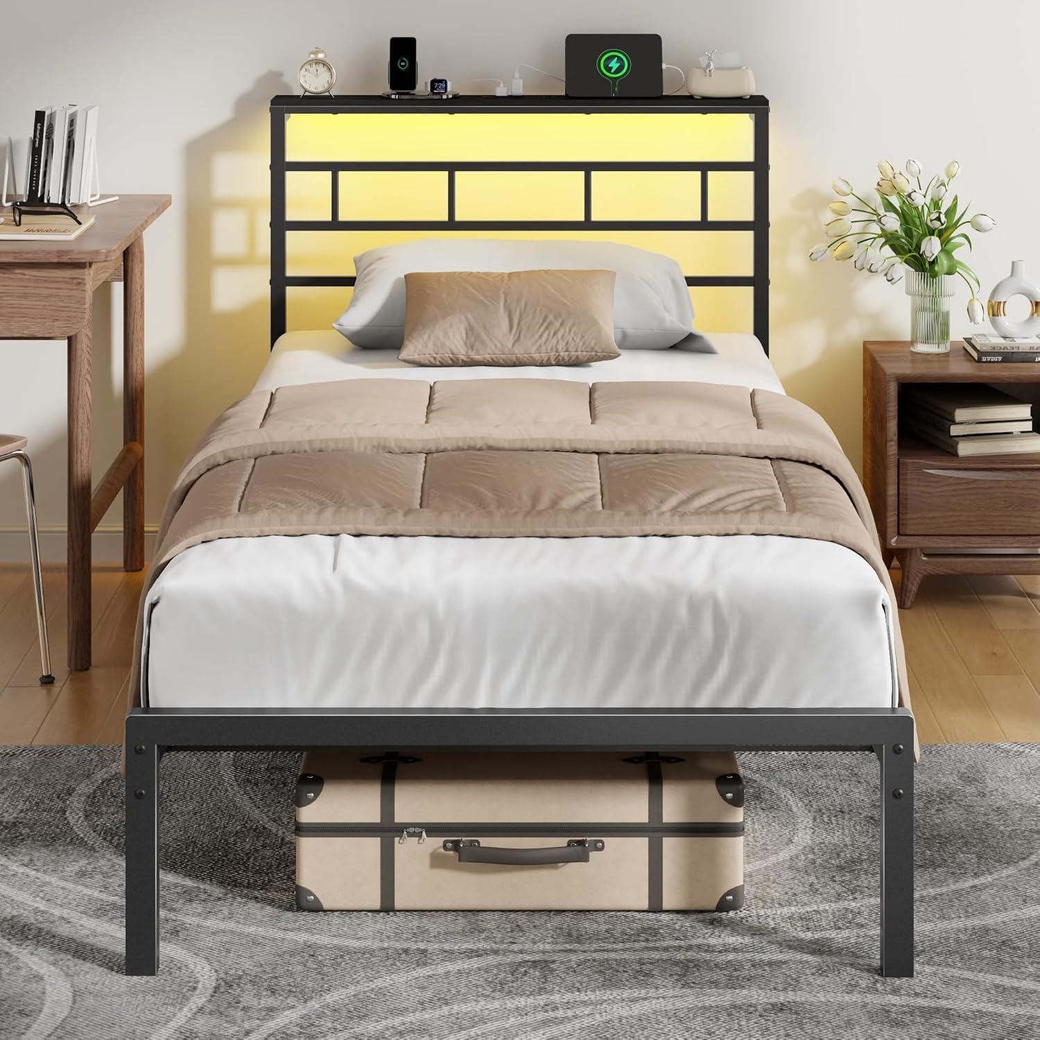 imageFurnulem Twin Bed Frames with Charging Station and LED Lights Wood Headboard with 2 Fabric Drawers and Storage Shelves Twin Size Platform Bed with Metal Slats No Box Spring Needed Black OakTwin