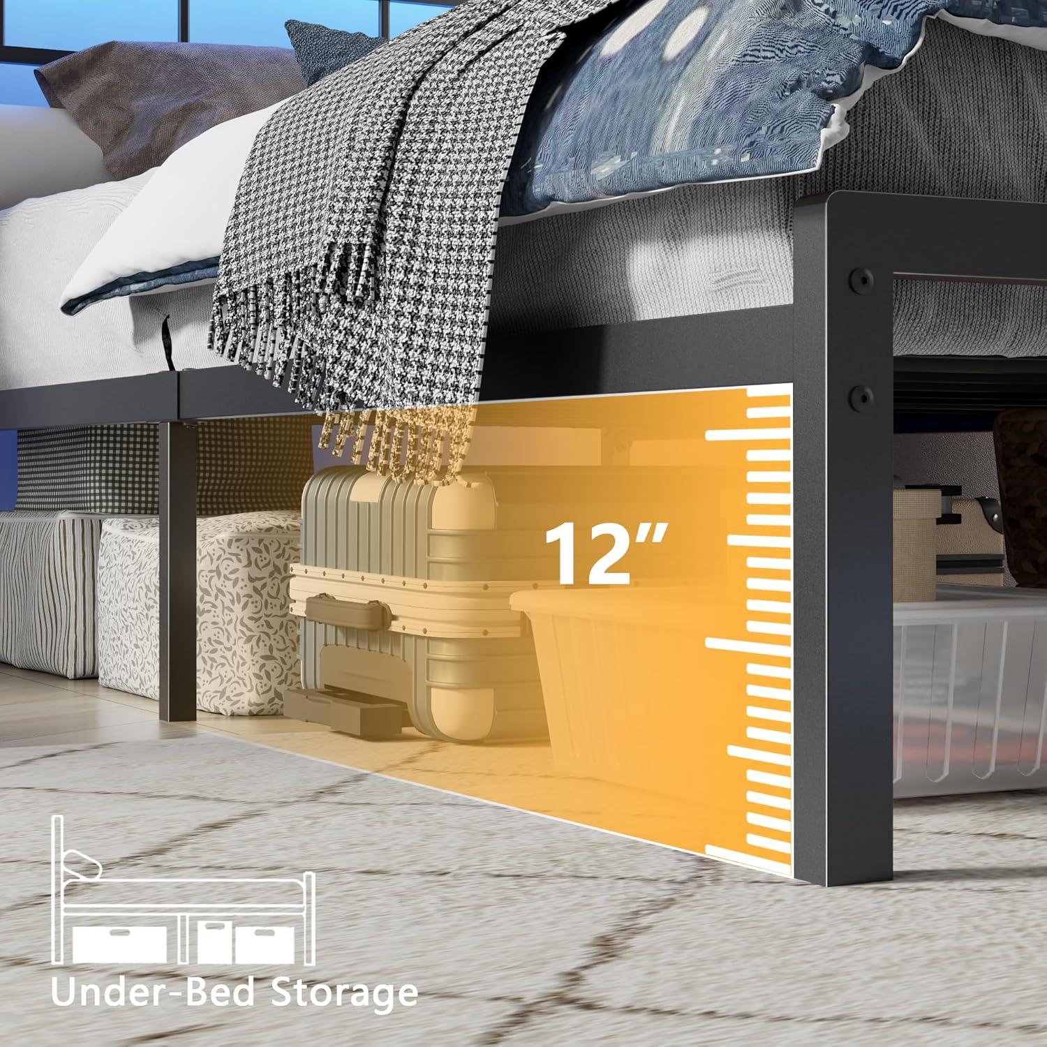 imageFurnulem Twin Bed Frames with Charging Station and LED Lights Wood Headboard with 2 Fabric Drawers and Storage Shelves Twin Size Platform Bed with Metal Slats No Box Spring Needed Black OakTwin