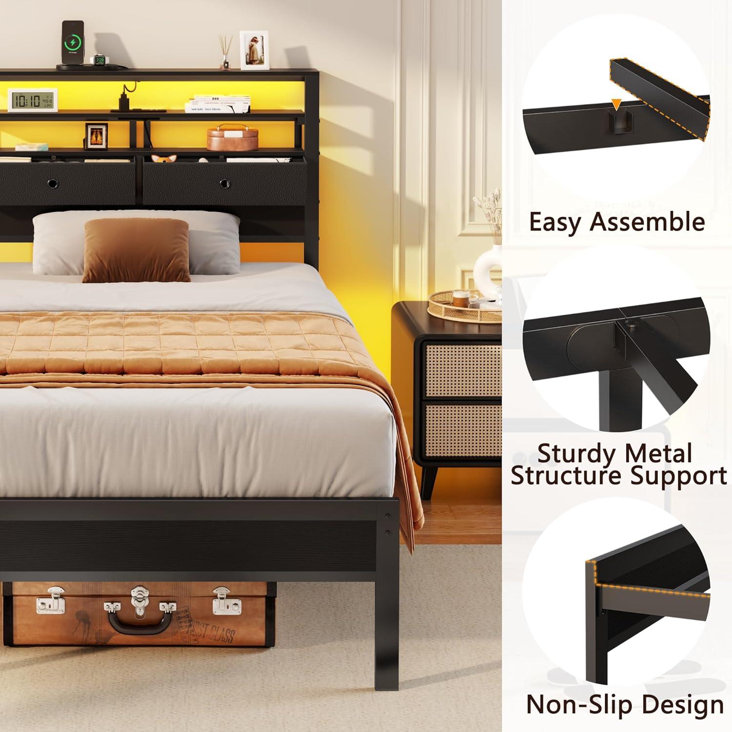 imageFurnulem Twin Bed Frames with Charging Station and LED Lights Wood Headboard with 2 Fabric Drawers and Storage Shelves Twin Size Platform Bed with Metal Slats No Box Spring Needed Black OakTwin