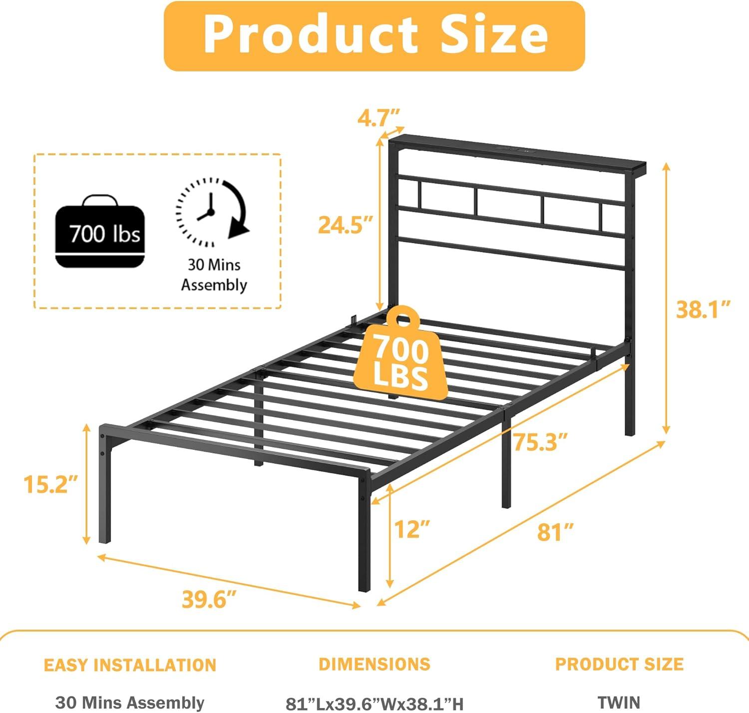 imageFurnulem Twin Bed Frames with Charging Station and LED Lights Wood Headboard with 2 Fabric Drawers and Storage Shelves Twin Size Platform Bed with Metal Slats No Box Spring Needed Black OakTwin
