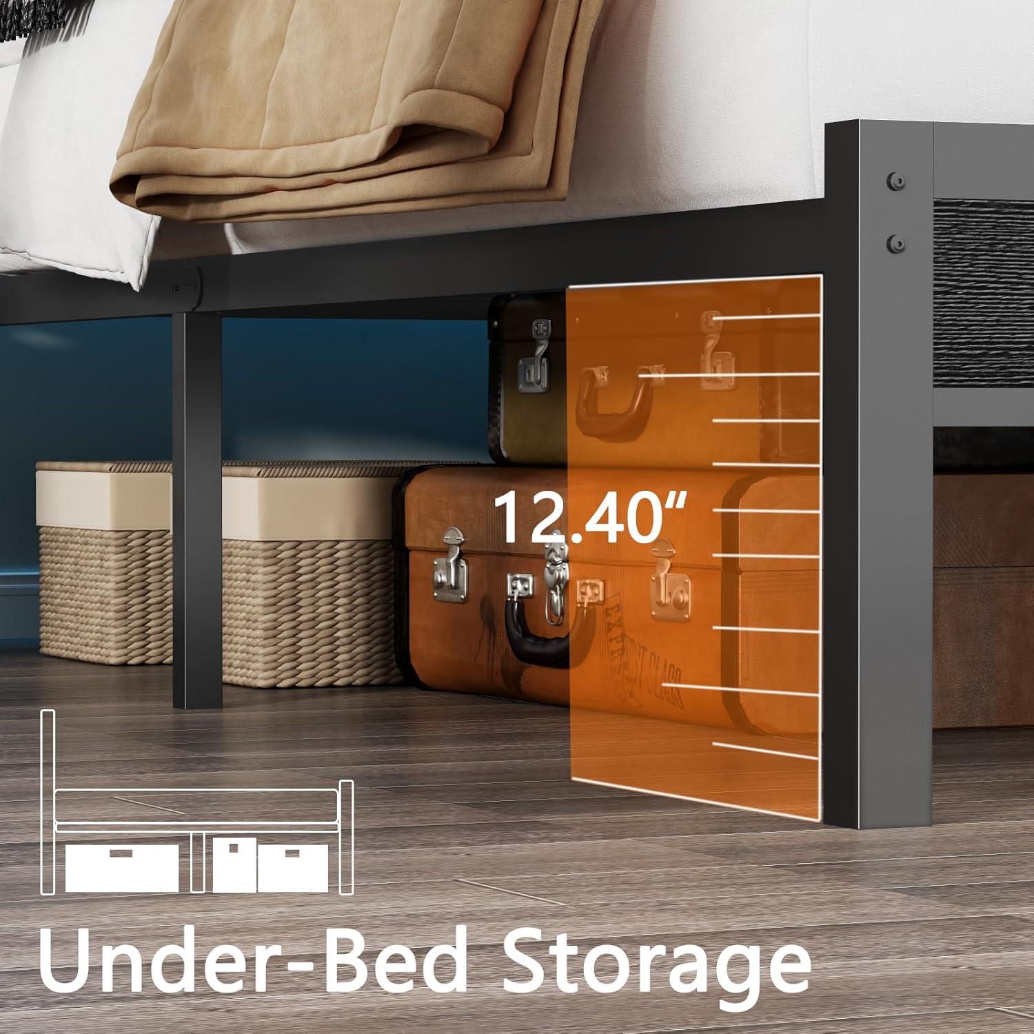 imageFurnulem Twin Bed Frames with Charging Station and LED Lights Wood Headboard with 2 Fabric Drawers and Storage Shelves Twin Size Platform Bed with Metal Slats No Box Spring Needed Black OakQueen