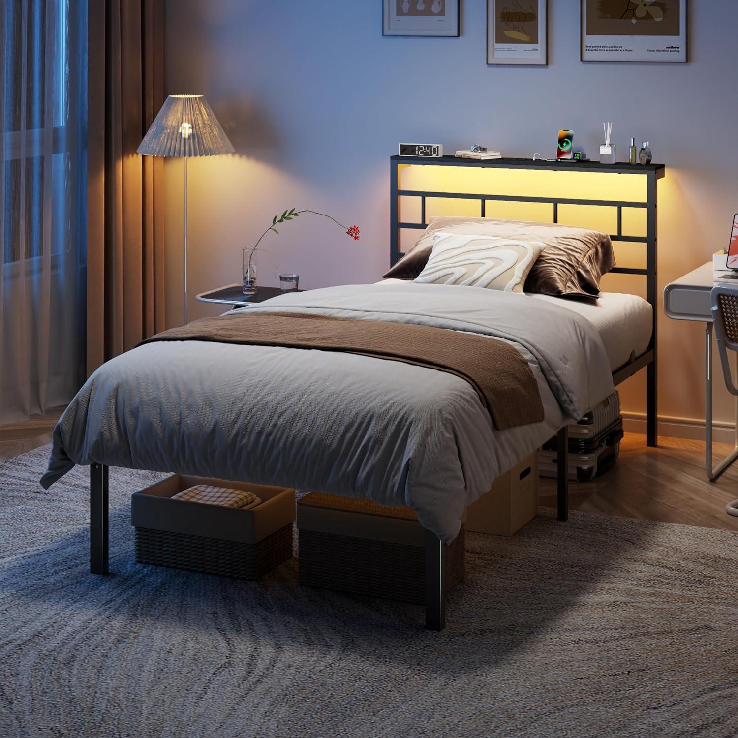 imageFurnulem Twin Bed Frames with Charging Station and LED Lights Wood Headboard with 2 Fabric Drawers and Storage Shelves Twin Size Platform Bed with Metal Slats No Box Spring Needed Black OakTwin