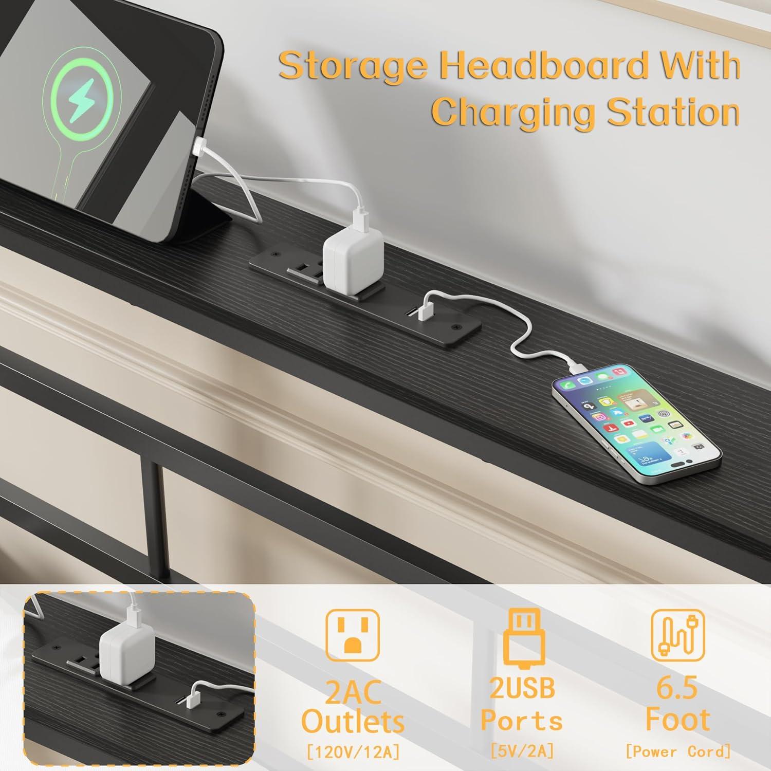 imageFurnulem Twin Bed Frames with Charging Station and LED Lights Wood Headboard with 2 Fabric Drawers and Storage Shelves Twin Size Platform Bed with Metal Slats No Box Spring Needed Black OakTwin