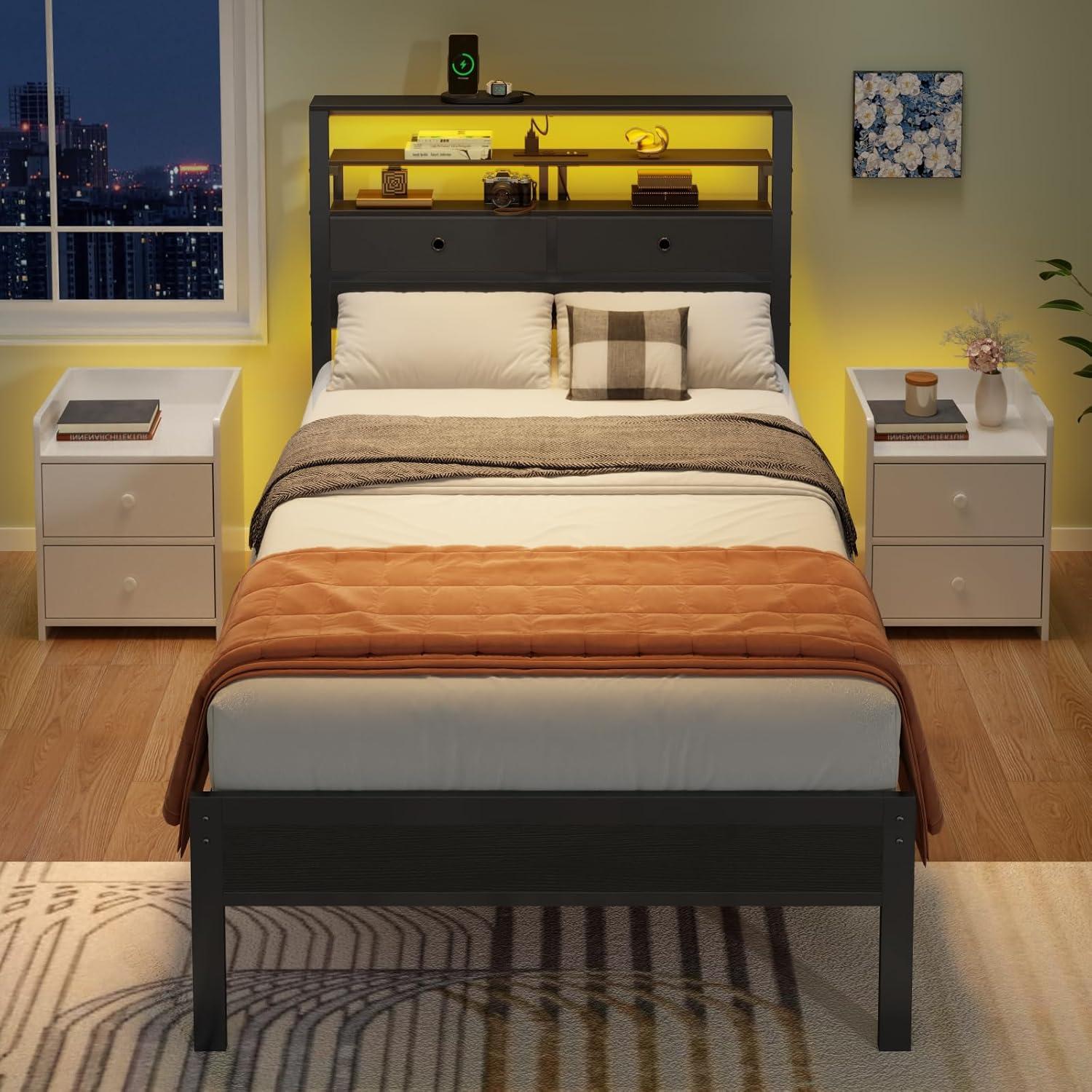 imageFurnulem Twin Bed Frames with Charging Station and LED Lights Wood Headboard with 2 Fabric Drawers and Storage Shelves Twin Size Platform Bed with Metal Slats No Box Spring Needed Black OakTwin