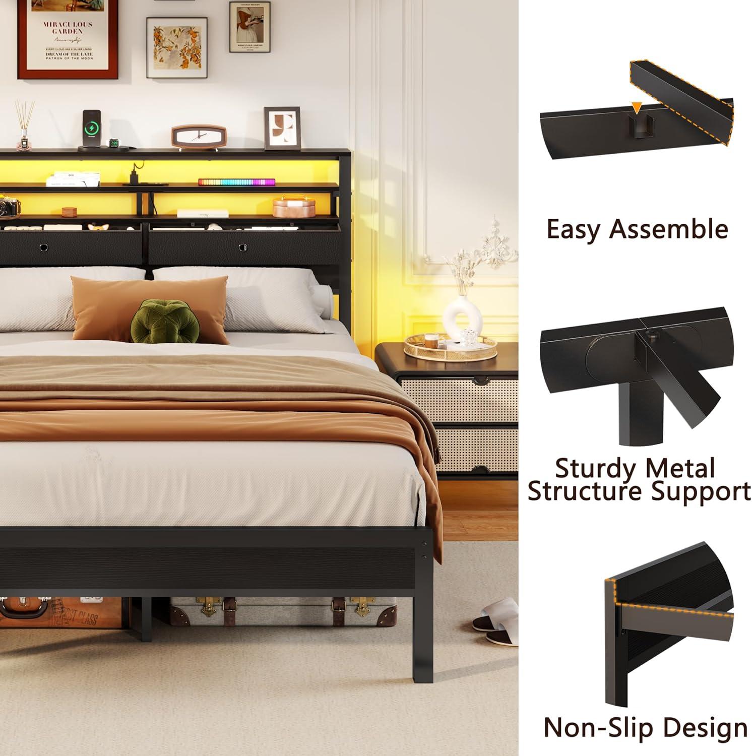 imageFurnulem Twin Bed Frames with Charging Station and LED Lights Wood Headboard with 2 Fabric Drawers and Storage Shelves Twin Size Platform Bed with Metal Slats No Box Spring Needed Black OakFull