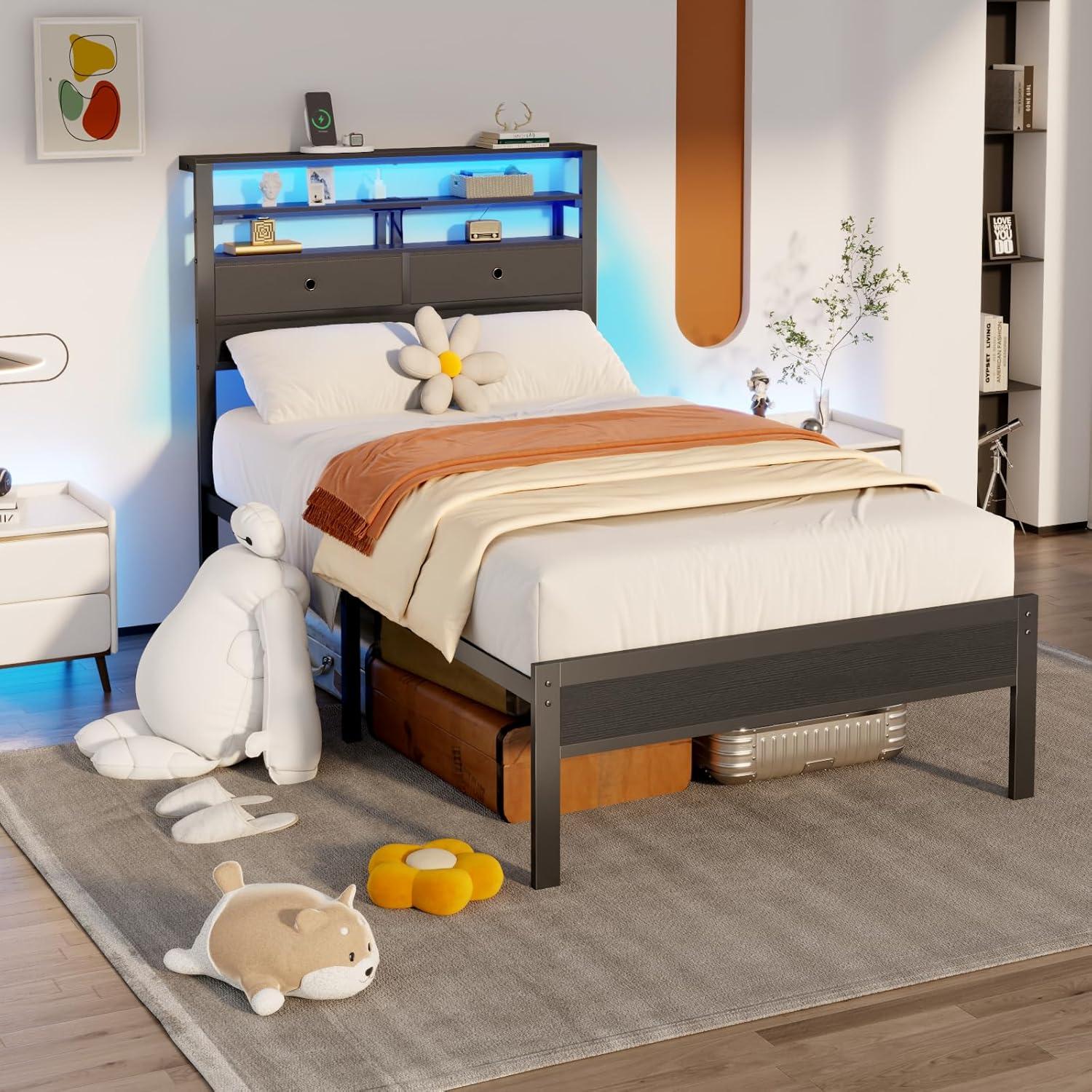 imageFurnulem Twin Bed Frames with Charging Station and LED Lights Wood Headboard with 2 Fabric Drawers and Storage Shelves Twin Size Platform Bed with Metal Slats No Box Spring Needed Black OakTwin