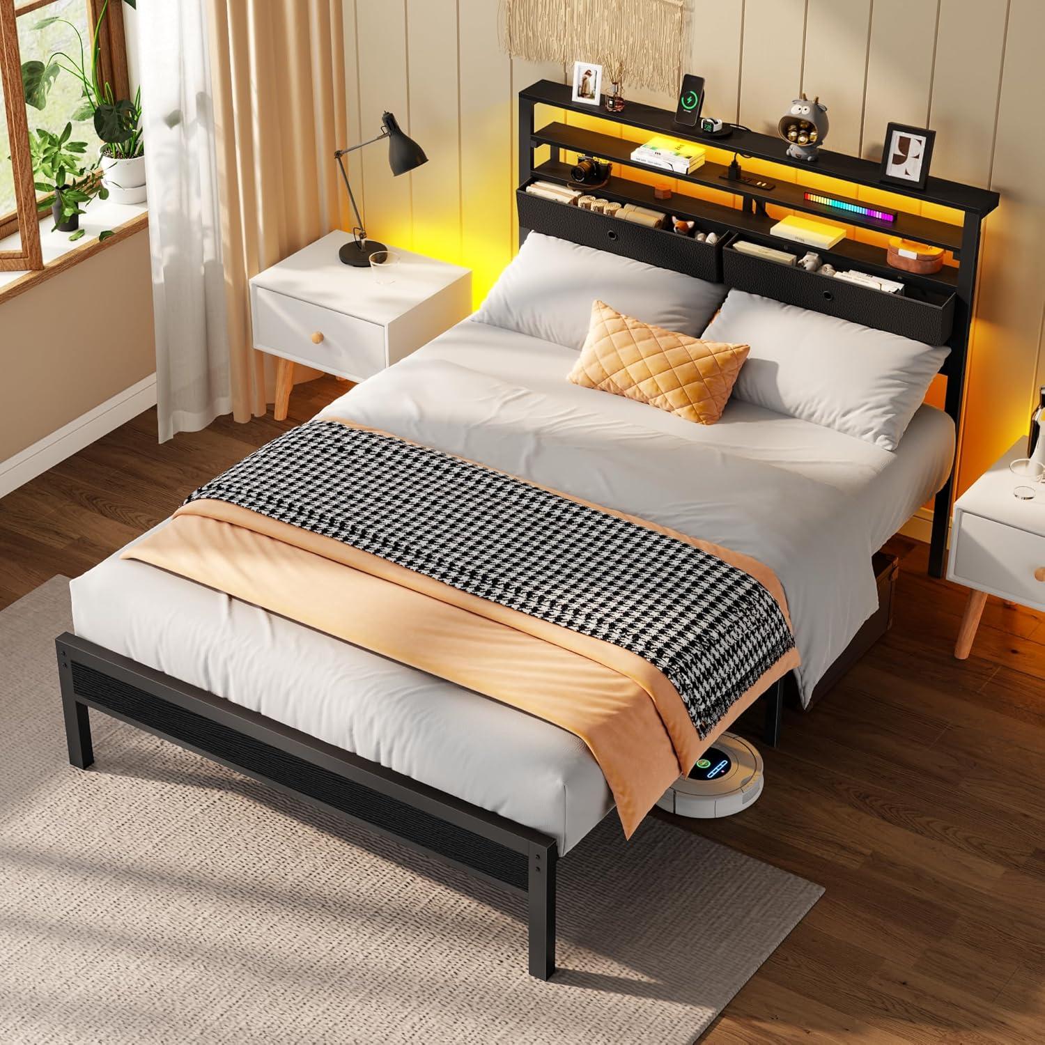 imageFurnulem Twin Bed Frames with Charging Station and LED Lights Wood Headboard with 2 Fabric Drawers and Storage Shelves Twin Size Platform Bed with Metal Slats No Box Spring Needed Black OakFull