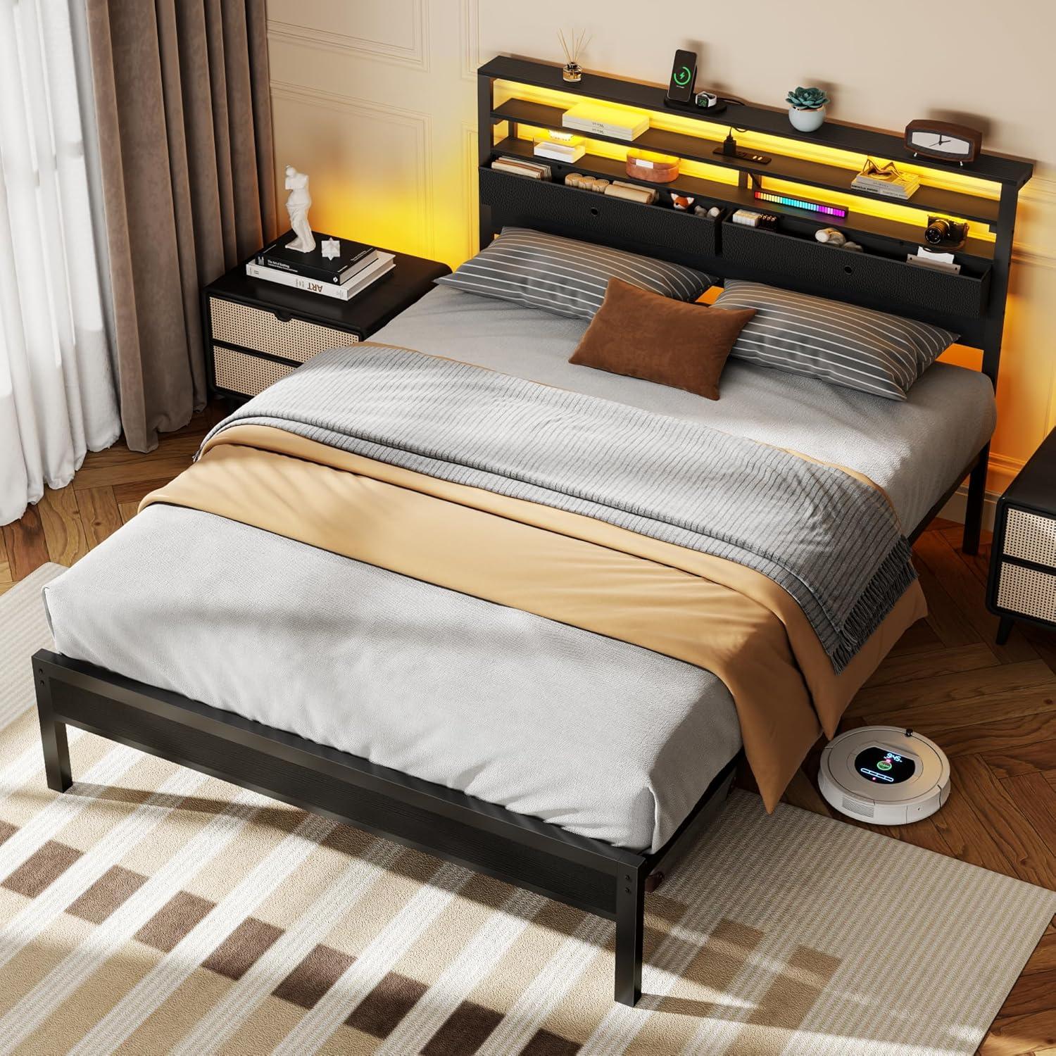 imageFurnulem Twin Bed Frames with Charging Station and LED Lights Wood Headboard with 2 Fabric Drawers and Storage Shelves Twin Size Platform Bed with Metal Slats No Box Spring Needed Black OakQueen