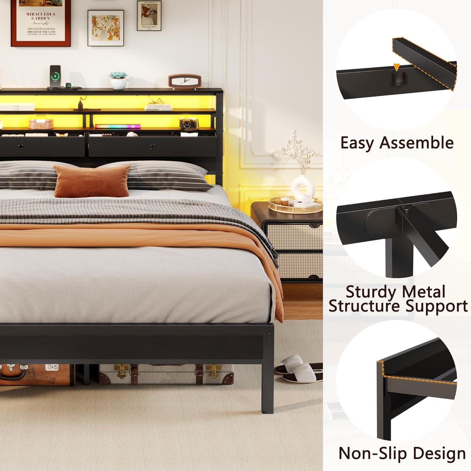 imageFurnulem Twin Bed Frames with Charging Station and LED Lights Wood Headboard with 2 Fabric Drawers and Storage Shelves Twin Size Platform Bed with Metal Slats No Box Spring Needed Black OakQueen