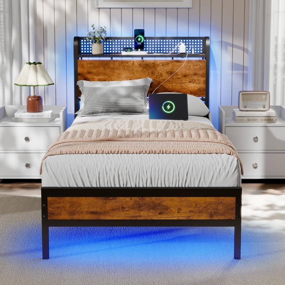 imageFurnulem Full Bed Frame with LED LightsIndustrial Storage Headboard with Charging StationUSB PortUnder Bed StorageWood Platform with Strong Metal SupportNo Box Spring Needed SilentTwin