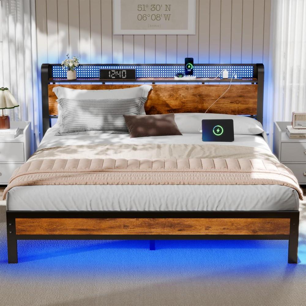 imageFurnulem Full Bed Frame with LED LightsIndustrial Storage Headboard with Charging StationUSB PortUnder Bed StorageWood Platform with Strong Metal SupportNo Box Spring Needed SilentQueen