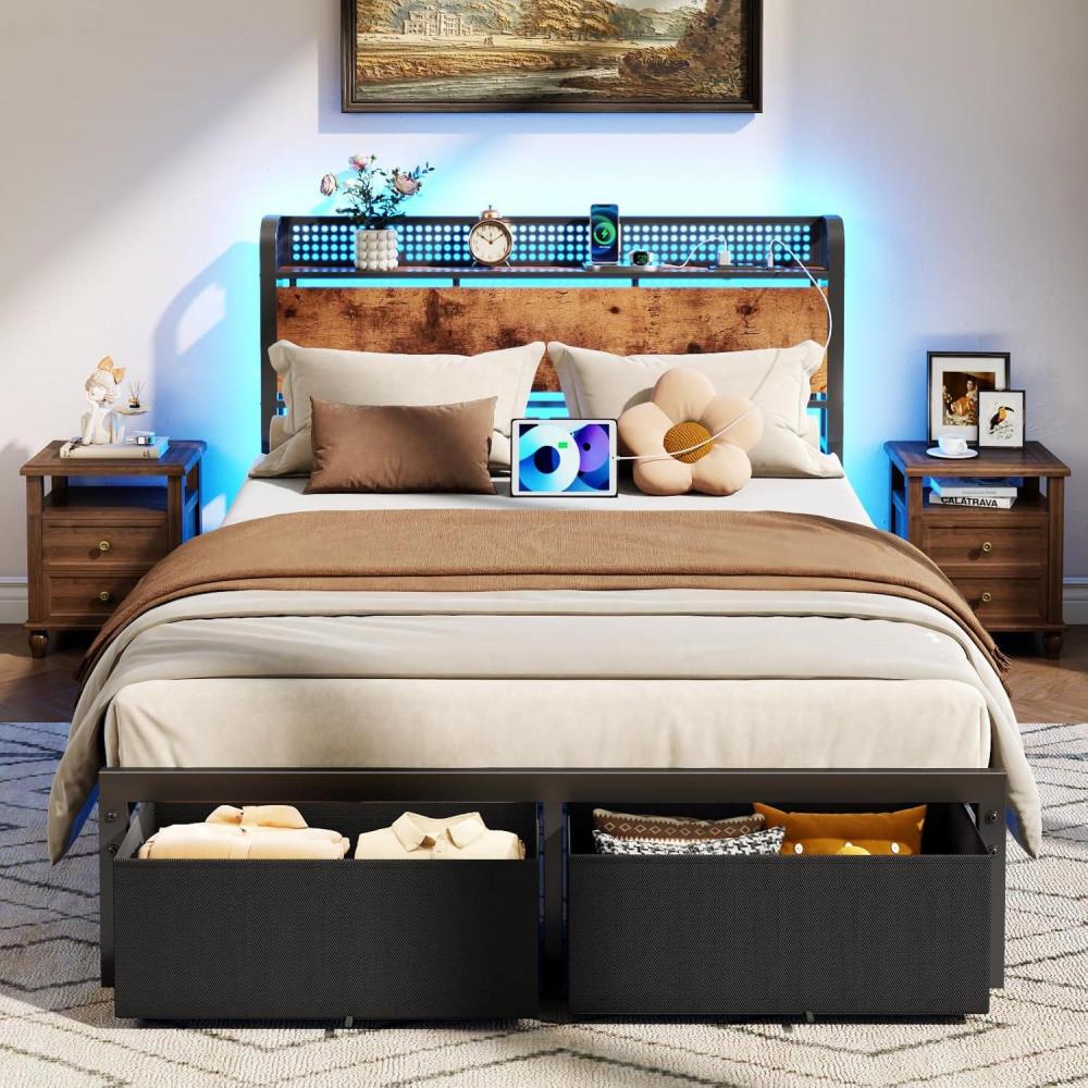 imageFurnulem Full Size Bed Frame with Headboard Storage Platform Bed Frame Full Size with 2 Drawers Charging Station and LED Lights No Box Spring Needed Noise FreeFull