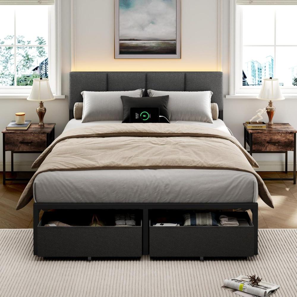 imageFurnulem Full Size Bed Frame with HeadboardUpholstered Bed Full with LED LightUSB Charging StationPlatform Bedframe with 2 Fabric Underbed Storage DrawersNo Spring Box NeededFull