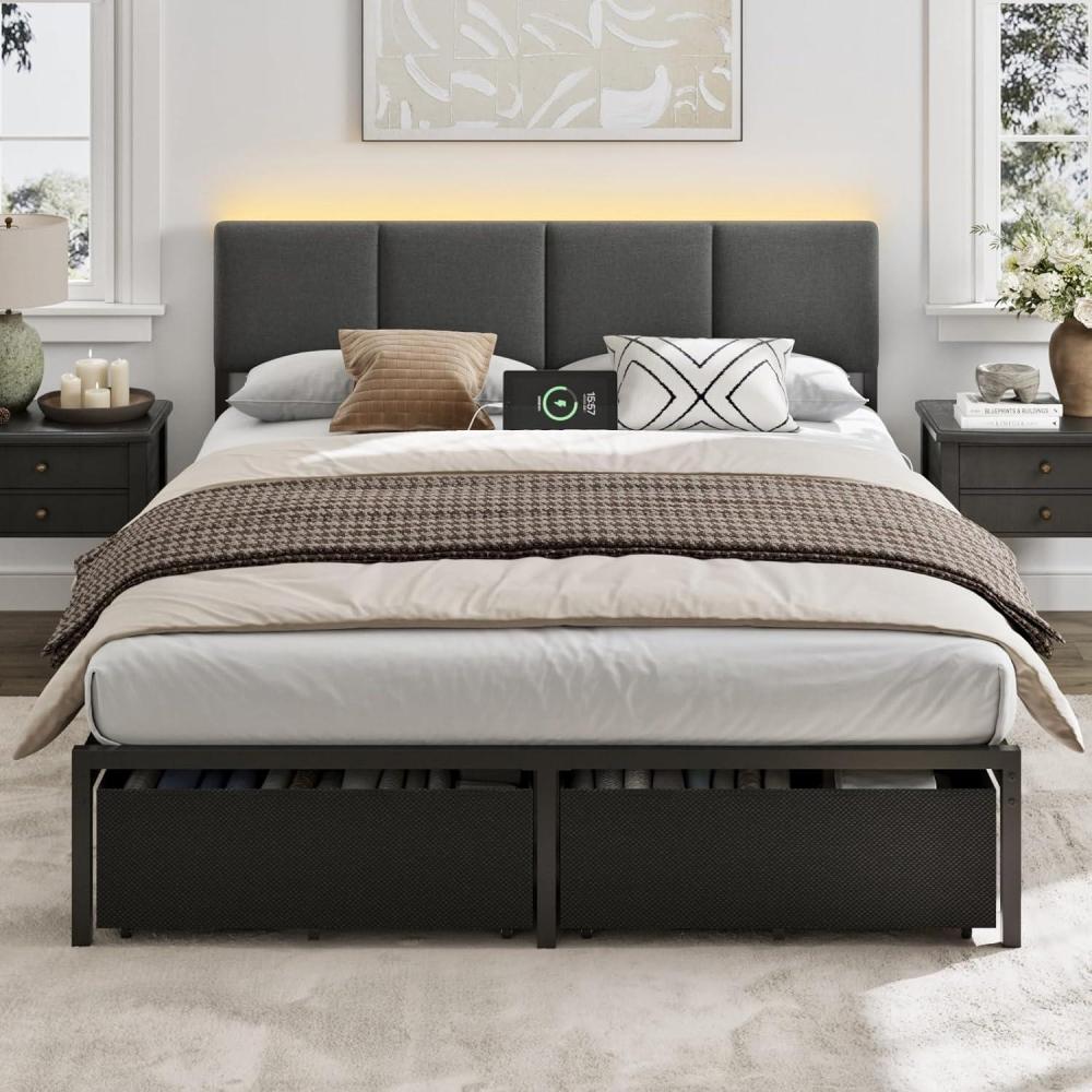 imageFurnulem Full Size Bed Frame with HeadboardUpholstered Bed Full with LED LightUSB Charging StationPlatform Bedframe with 2 Fabric Underbed Storage DrawersNo Spring Box NeededQueen
