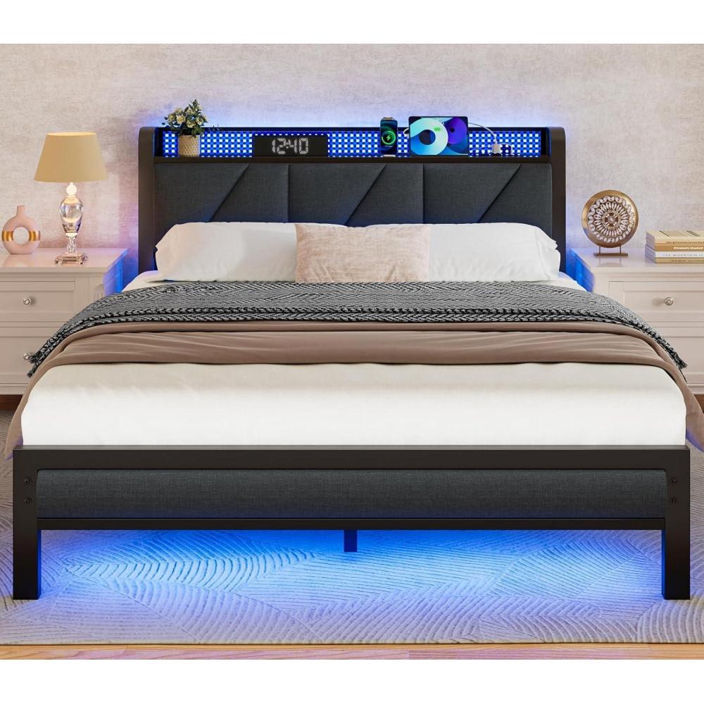 imageFurnulem King Bed Frame with Headboard and LED Light Upholstered Platform with Power Outlet and USB Port King Size Bed with Metal Support and FootboardNo Box Spring Needed Noise FreeFull