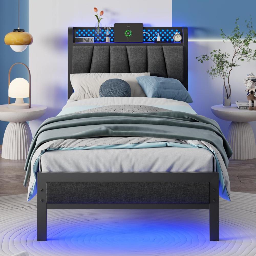 imageFurnulem King Bed Frame with Headboard and LED Light Upholstered Platform with Power Outlet and USB Port King Size Bed with Metal Support and FootboardNo Box Spring Needed Noise FreeTwin