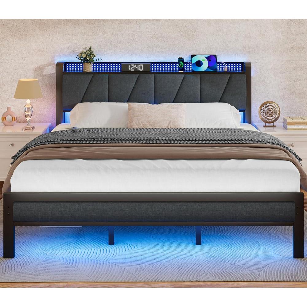 imageFurnulem King Bed Frame with Headboard and LED Light Upholstered Platform with Power Outlet and USB Port King Size Bed with Metal Support and FootboardNo Box Spring Needed Noise FreeKing