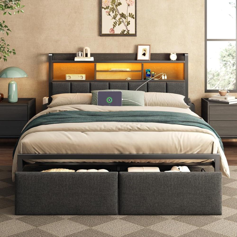 imageFurnulem Queen Bed Frame with Storage Drawers Upholstered Headboard with LED Light ampamp Charging Station Metal Platform Bed Frame Queen Size Noise Free No Box Spring Needed Black 1200 lbs CapacityFull