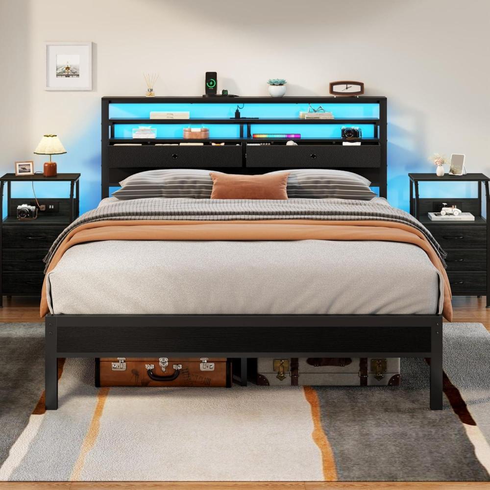 imageFurnulem Twin Bed Frames with Charging Station and LED Lights Wood Headboard with 2 Fabric Drawers and Storage Shelves Twin Size Platform Bed with Metal Slats No Box Spring Needed Black OakQueen
