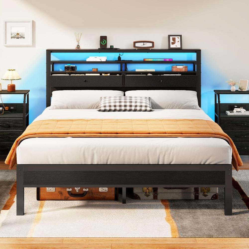 imageFurnulem Twin Bed Frames with Charging Station and LED Lights Wood Headboard with 2 Fabric Drawers and Storage Shelves Twin Size Platform Bed with Metal Slats No Box Spring Needed Black OakFull