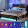 Furnulem Full Bed Frame with LED Lights,Industrial Storage Headboard with Charging Station,USB Port,Under Bed Storage,Wood Platform with Strong Metal Support,No Box Spring Needed, Silent(Full)
