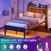 Furnulem Full Bed Frame with LED Lights,Industrial Storage Headboard with Charging Station,USB Port,Under Bed Storage,Wood Platform with Strong Metal Support,No Box Spring Needed, Silent(Twin)