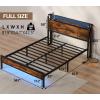 Furnulem Full Bed Frame with LED Lights,Industrial Storage Headboard with Charging Station,USB Port,Under Bed Storage,Wood Platform with Strong Metal Support,No Box Spring Needed, Silent(Full)