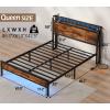 Furnulem Full Bed Frame with LED Lights,Industrial Storage Headboard with Charging Station,USB Port,Under Bed Storage,Wood Platform with Strong Metal Support,No Box Spring Needed, Silent(Queen)