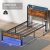 Furnulem Full Bed Frame with LED Lights,Industrial Storage Headboard with Charging Station,USB Port,Under Bed Storage,Wood Platform with Strong Metal Support,No Box Spring Needed, Silent(Twin)
