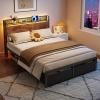 Furnulem Full Size Bed Frame with Headboard Storage, Platform Bed Frame Full Size with 2 Drawers, Charging Station and LED Lights, No Box Spring Needed, Noise Free(Full)