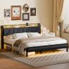 Furnulem King Bed Frame with Headboard and LED Light, Upholstered Platform with Power Outlet and USB Port, King Size Bed with Metal Support and Footboard,No Box Spring Needed, Noise Free(King)