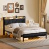 Furnulem King Bed Frame with Headboard and LED Light, Upholstered Platform with Power Outlet and USB Port, King Size Bed with Metal Support and Footboard,No Box Spring Needed, Noise Free(Full)