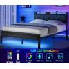 Furnulem King Bed Frame with Headboard and LED Light, Upholstered Platform with Power Outlet and USB Port, King Size Bed with Metal Support and Footboard,No Box Spring Needed, Noise Free(Queen)