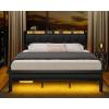 Furnulem King Bed Frame with Headboard and LED Light, Upholstered Platform with Power Outlet and USB Port, King Size Bed with Metal Support and Footboard,No Box Spring Needed, Noise Free(King)