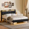 Furnulem King Bed Frame with Headboard and LED Light, Upholstered Platform with Power Outlet and USB Port, King Size Bed with Metal Support and Footboard,No Box Spring Needed, Noise Free(Queen)
