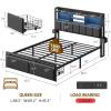 Furnulem Queen Bed Frame with Storage Drawers, Upholstered Headboard with LED Light & Charging Station, Metal Platform Bed Frame Queen Size, Noise Free, No Box Spring Needed, Black (1200 lbs Capacity)(Queen)