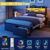 Furnulem Queen Bed Frame with Storage Drawers, Upholstered Headboard with LED Light & Charging Station, Metal Platform Bed Frame Queen Size, Noise Free, No Box Spring Needed, Black (1200 lbs Capacity)(Full)