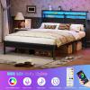 Furnulem Twin Bed Frames with Charging Station and LED Lights, Wood Headboard with 2 Fabric Drawers and Storage Shelves, Twin Size Platform Bed with Metal Slats, No Box Spring Needed, Black Oak(Queen)